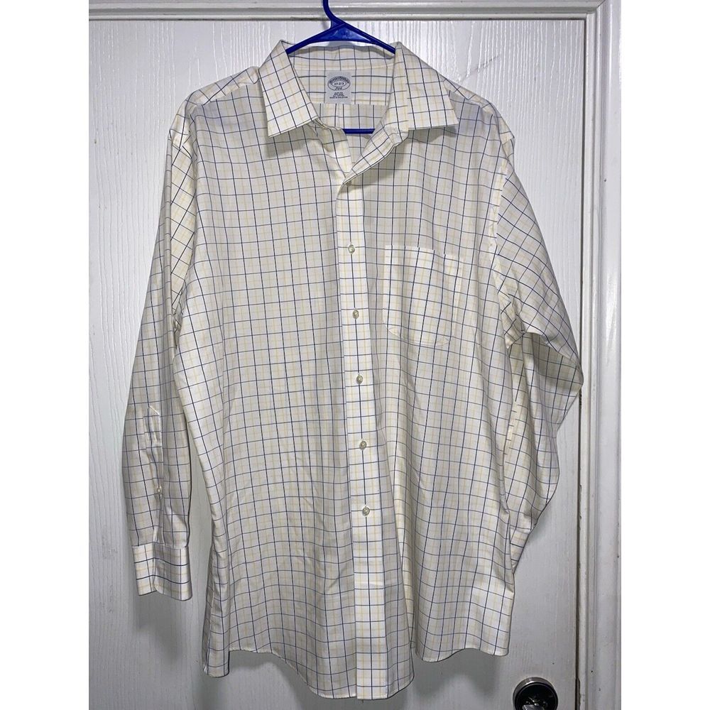 Brooks Brothers Mens Dress Shirt 17 2/3 Yellow Plaid Long Sleeve Button Down